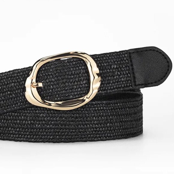 2/$30 Black Woven Belt with Gold Buckle Adjustable Stylish Waist Accessory Women - Picture 5 of 5